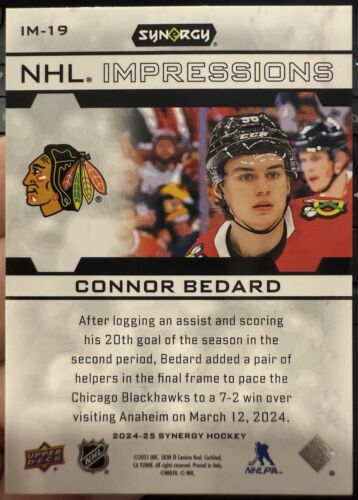 2024-25 UPPER DECK SYNERGY CONNOR BEDARD IMPRESSIONS MAGENTA #IM-19 #/599 - Imagen 2 de 2