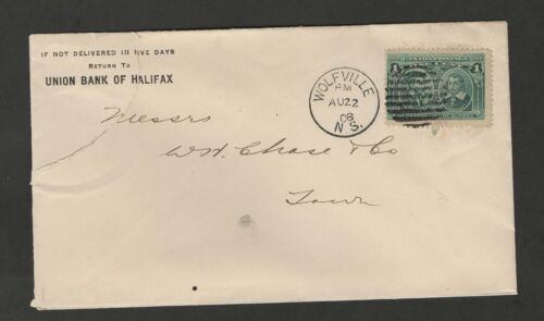 CANADA STAMP SCOTT NO. 97 ON COVER -1908- UNION BANK OF HALIFAX, WOLFVILLE, N.S.
