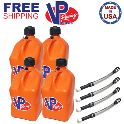 VP Racing 4 Pack Orange 5.5 Gallon Square Utility Jug + 4 Deluxe Fill Hoses