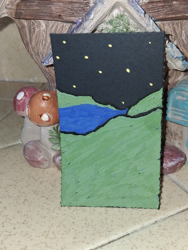 Original ACEO Landscape Painting Lake Night Sky Stars Miniature Art Card OOAK