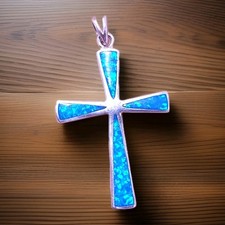 Vintage Sterling Silver Blue Opal Cross Pendant
