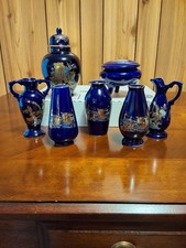 Juego De Colección De 7 Jarrones De Porcelana Japonesa Azul Cobalto Dorado Pavo Real Faisán