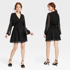 Large - Womens Balloon Long Sleeve Mini Dress - A New Day - Black