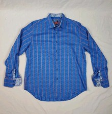 Robert Graham Geometric Stripe Blue Flip Cuff Shirt Men  s L Long Sleeve READ 