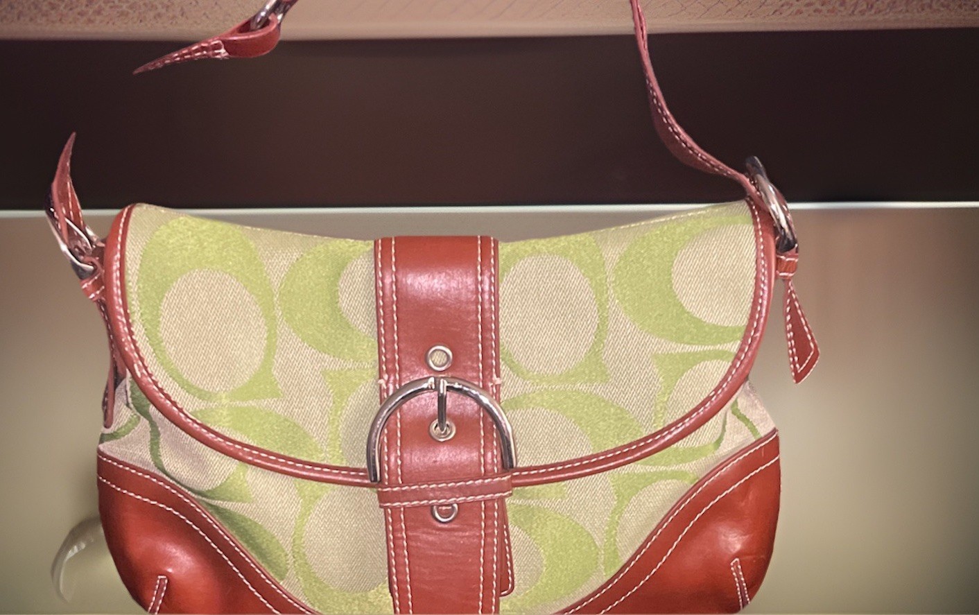 Giani Bernini Green Monogram Shoulder Bag Brown Leather Trim Flap Purse Y2K
