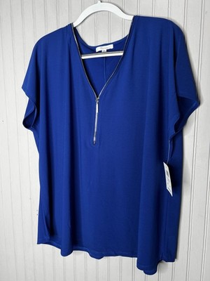 89th Madison Tunic Shirt Womens 2X Electric Blue Zip Front Short Sleeve Plus