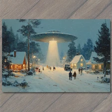 POSTCARD UFO Over Winter Village Snowy Night Christmas Lights Sci Fi Alien Space