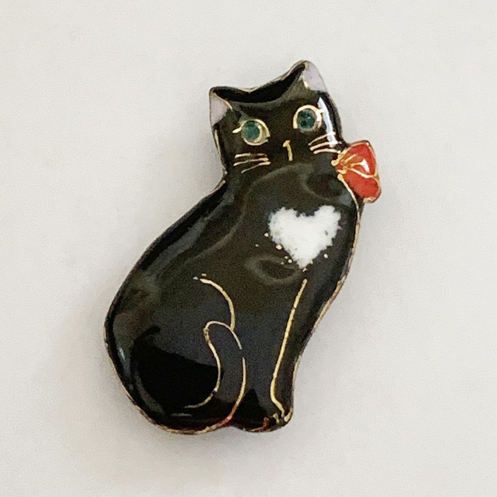 UncleZCloisonné obidome black cat with red ribbon