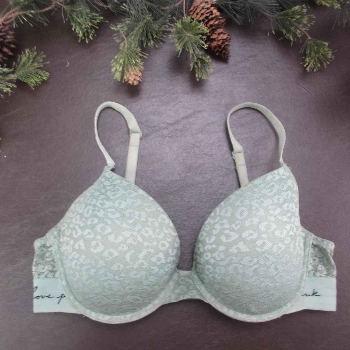Victoria's Secret Pink Bra Womens 34B Light Green Lace Leopard