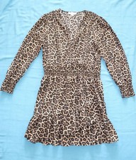 Michael Kors Leopard Print Dress V-Neck Long Sleeves Ruffle Hem Size XL