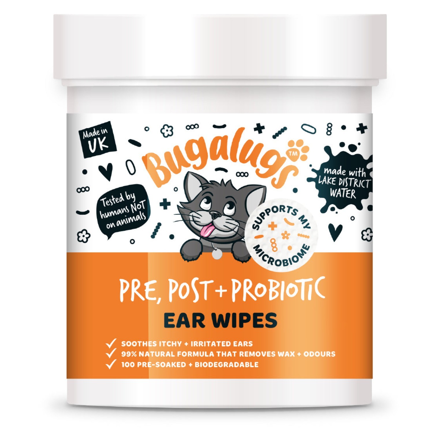 BUGALUGS Probiotic Cat Ear Cleaner Pet Wipes 100 Biodegradable Itching Waxy Ears