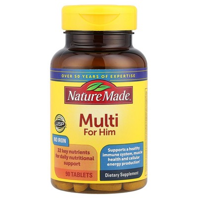 Nature Made Multi for Him No Iron 90 Tablets Gluten-Free, Iron-Free, No
