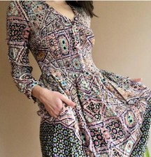 Maeve Anthropologie Smocked V-Neck Floral Tiled Long Sleeve Boho Dress Sz Small
