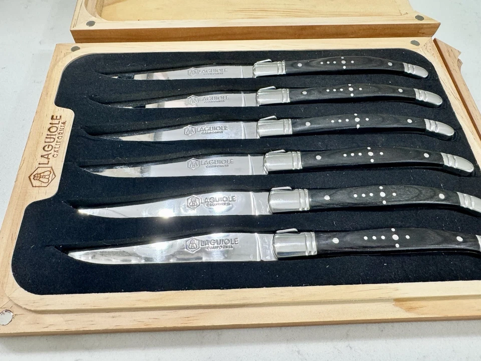 Juego de 6 cuchillos franceses Laguiole California negro plata madera negra Foto 2 de 4