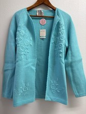 Vintage 60s SEARS WOMENS M OPEN CARDIGAN Flower Embroidered NWT AQUA ACRYLIC