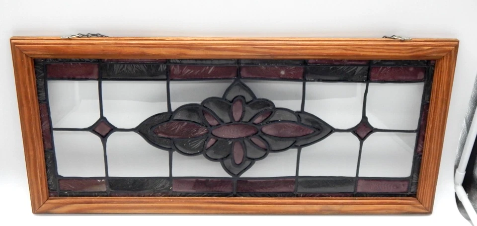 VTG Stained Glass Transom 26" x 12" Window Wood Framed Hanging Panel W/Chain - Image 2 of 4