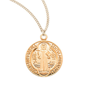 Authentic St Benedict Round Jubilee Gold Plated Sterling Silver Medal Necklace 18" Chain