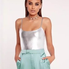 NWT Missguided Peace  Love Silver Metallic Strappy Bodysuit XS
