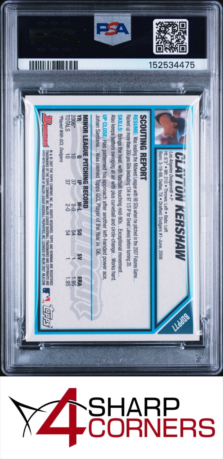 2007 BOWMAN DRAFT PICKS & PROSPECTS GOLD #BDPP77 CLAYTON KERSHAW RC PSA 8 view 2