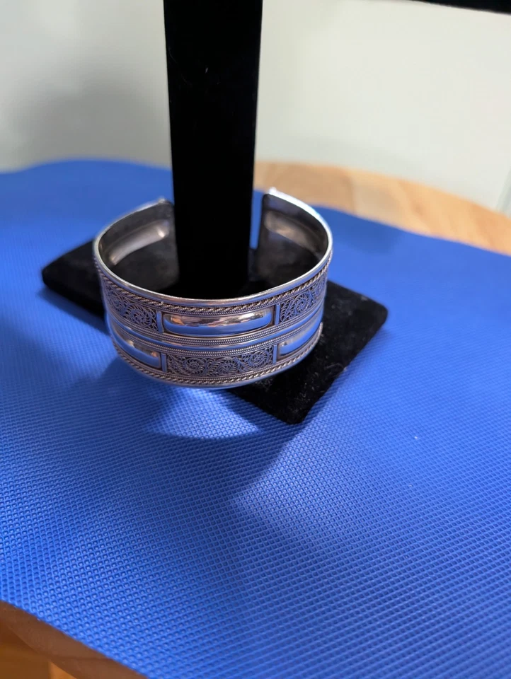 Ornate Filigree Ethnic Thailand 925 Sterling Silver Adjustable Cuff Bracelet 47g - Image 4 of 4