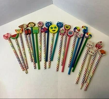 Lot of 23 Pencils w/Toppers Erasers Pig Cat Parrot Bunny Fox Fish Monkey Heart