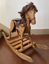 Vtg Rocking Horse Amish Handcrafted Wood w/ Leather Harness Padded Saddle USA