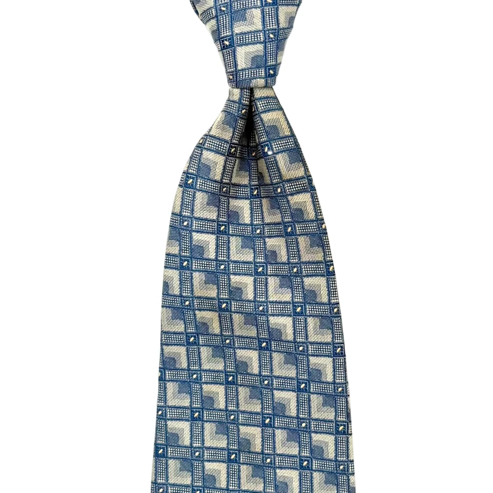 Corbata Paco Rabanne - Gris Azul Cuadrados Punteados Rejilla Patrón Vintage Italia Corbata de Seda Foto 2 de 4