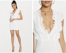 White Broderie Anglaise Ruffle Detail Plunge Bodycon Dress