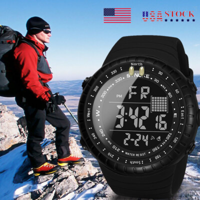 Mens LED Display Watch Waterproof Large Screen Outdoor Sports Wristwatches Black