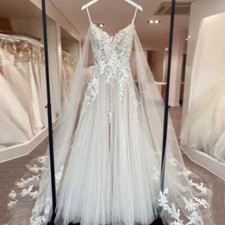 Elegant A-Line Wedding Dress V-Neck Spaghetti Strap Lace 3D Flowers Bridal Gowns