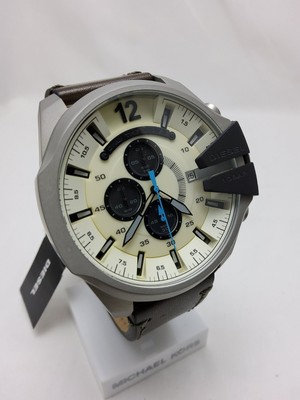 Mens Diesel Mega Chief Chronograp Cream Dail Green Leather Band With Date DZ4464