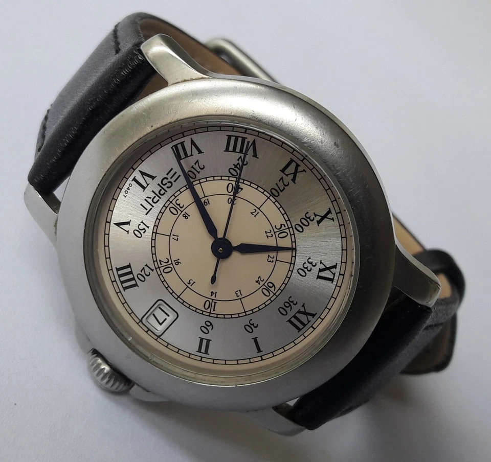 Удивительный кварц ESPRIT 0407 полностью из нержавеющей стали с датой сделано в Швейцарии - Изображение 4 из 4