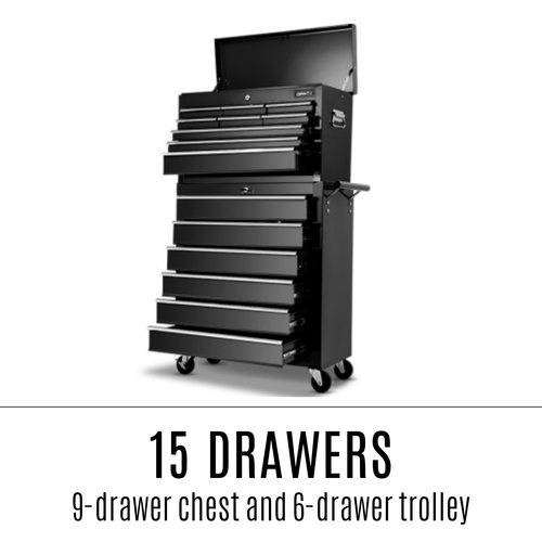 Giantz Tool Box Trolley Chest Cabinet 15 Drawers Garage Storage On Wheels Black - Picture 5 of 12