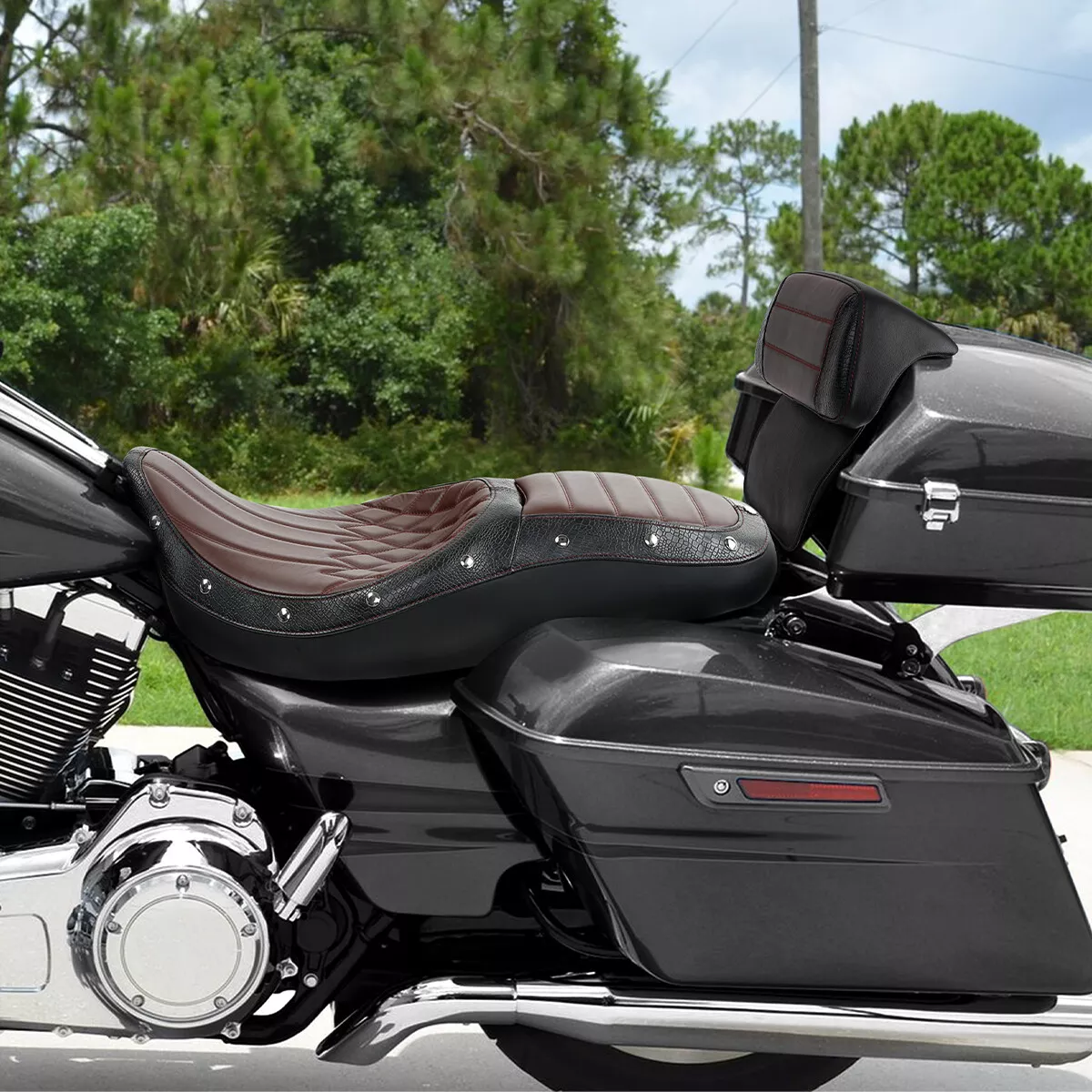 Black motorcycle with brown seat deals