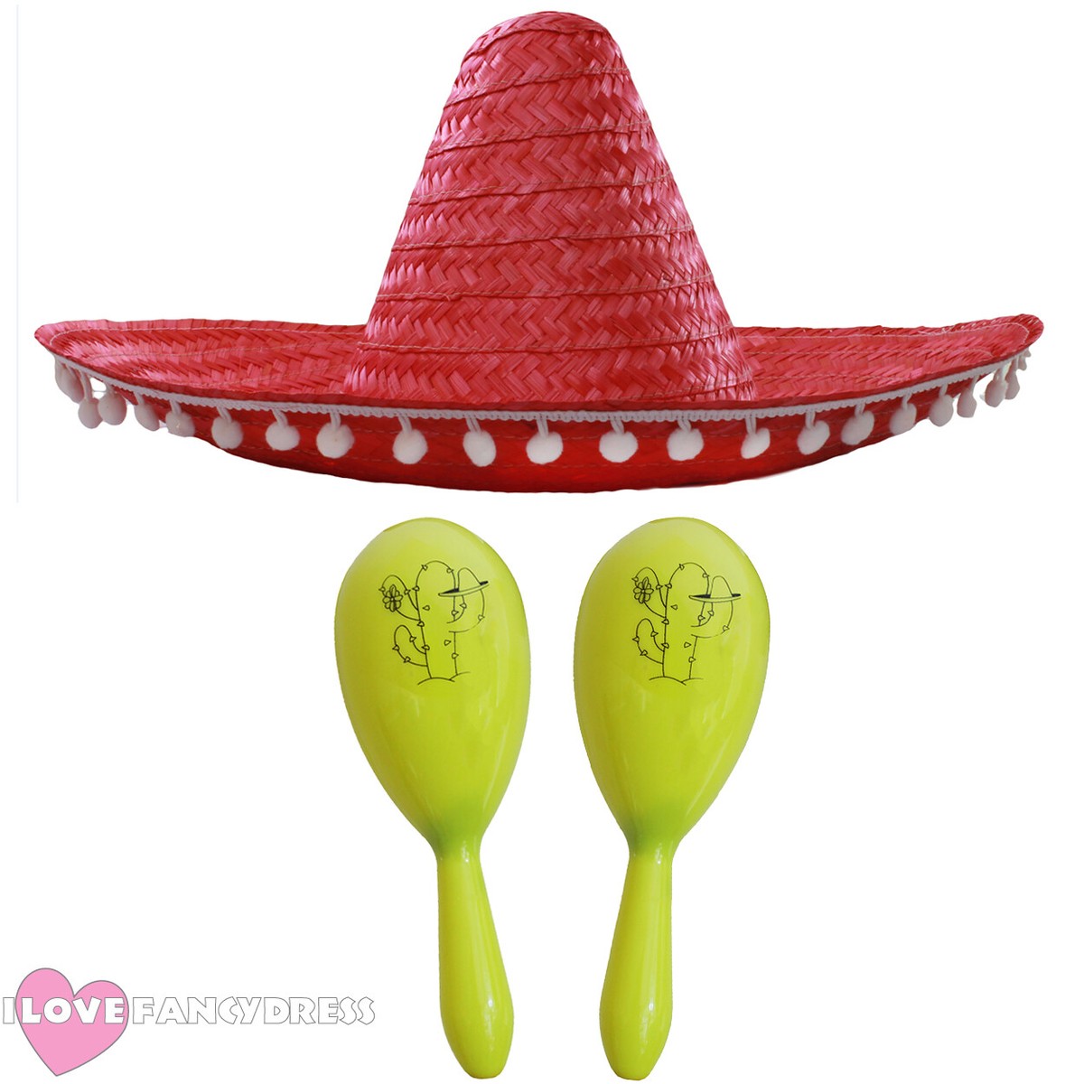 Mexikanisches Kostüm-Set – Grüner Sombrero Mit Pompoms + Bunte Maracas, Perfekt Für Feste Und Mottopartys