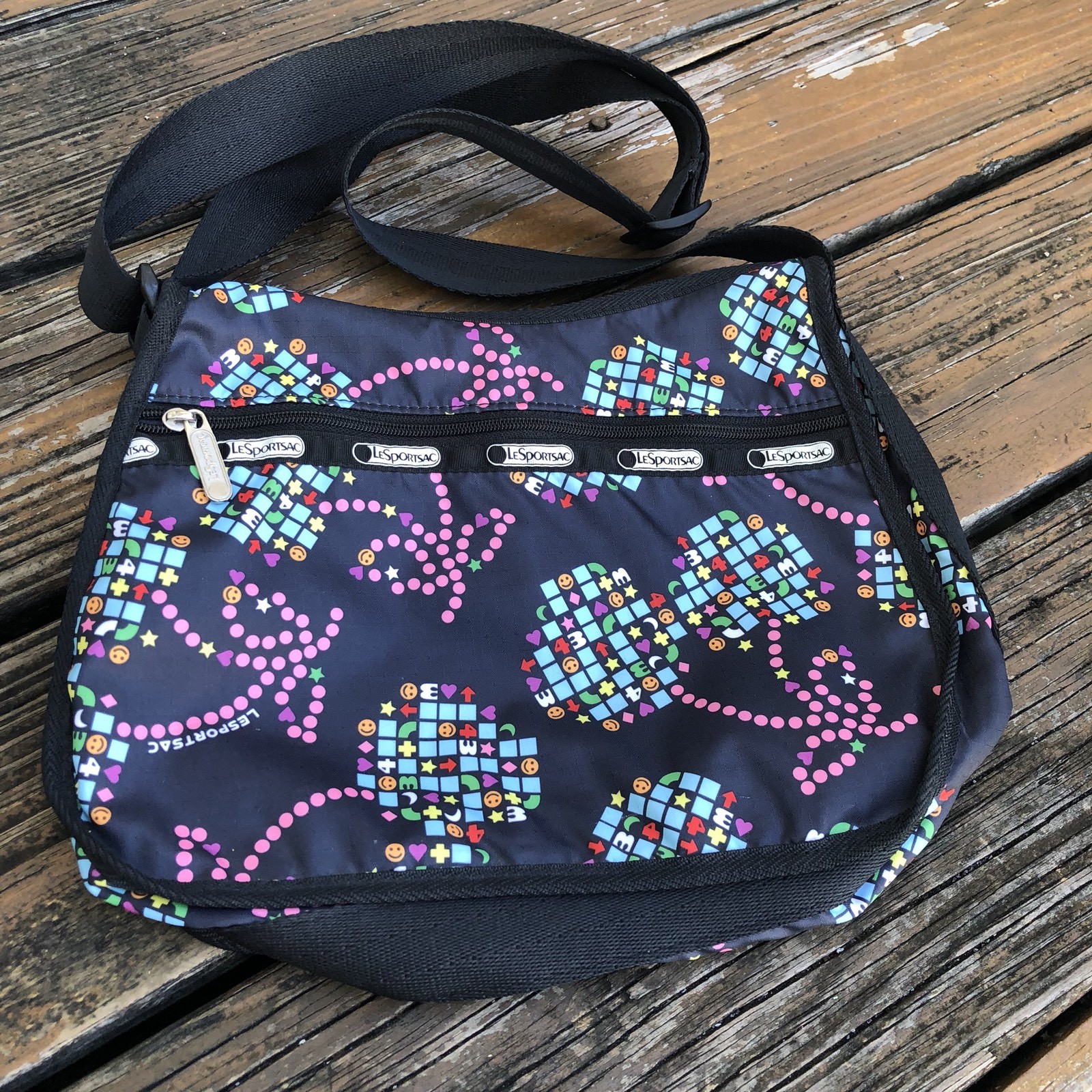 Le Sportsac Purse Black Cherry Video Game Smiley Face Novelty X Body Bag RARE
