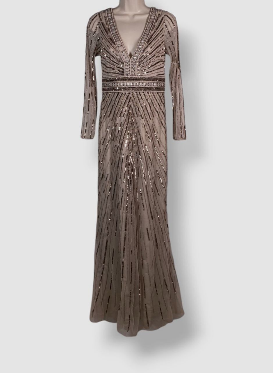 Adrianna Papell Women's Beige Beaded Sequin V-Neck Gown Dress Size 4