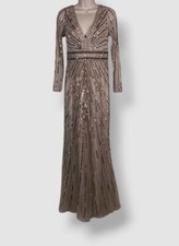 Adrianna Papell Women's Beige Beaded Sequin V-Neck Gown Dress Size 4