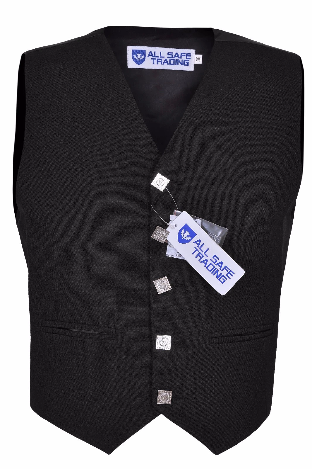 5 BUTTON BLACK WAISTCOAT SCOTTISH VEST ARGYLE KILT/WEDDING.