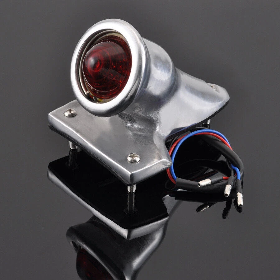 Soporte de luz trasera LED de freno retro rojo de aluminio cromado para Harley Chopper Bobber Foto 3 de 4