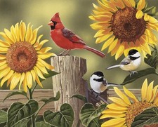 Sunflowers Birds Fabric Panel Cotton 36 inches x 45 inches