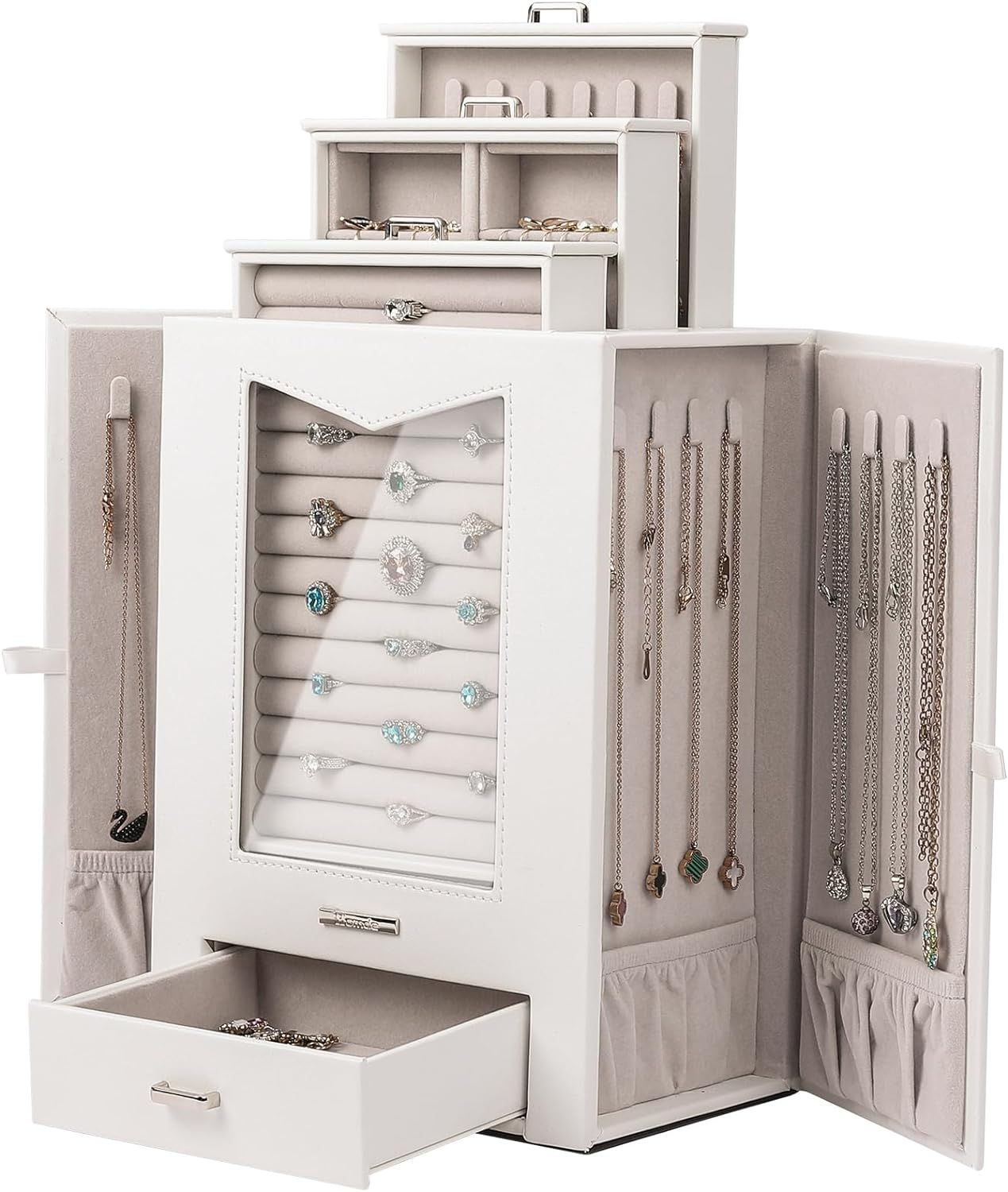 Homde Jewelry Organizer with Transparent Window Neclace Hooks White Gift-image