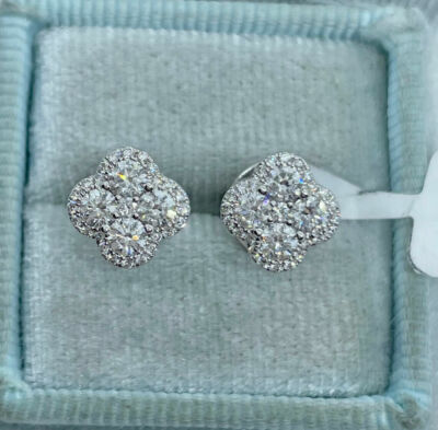 2Ct Round Cut VVS1/D Diamond Clover Stud Women's Earrings 14K White Gold Finish
