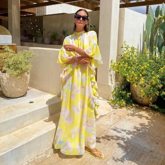 abdan muflih様 H&M Yellow Floral Flounced Chiffon Kaftan Dress size M 12 14