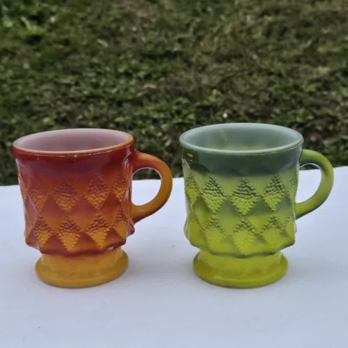 Anchor Hocking Fire King Diamond Kimberly Mug Cup (2) Green Orange Ombre Vintage