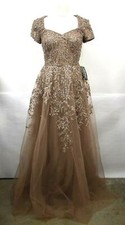 La Femme Womens Brown Sweetheart Neck Short Sleeve Tulle A-Line Embellished Gown