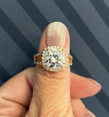 Exquisite Moissanite Ring 10mm Cushion Cut w-56 Diamonds in Rose Gold Halo Style