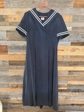 Vintage Laura Ashley Navy 100% Silk  Sailor Dress Short Sleeve Pocket  Sz 10