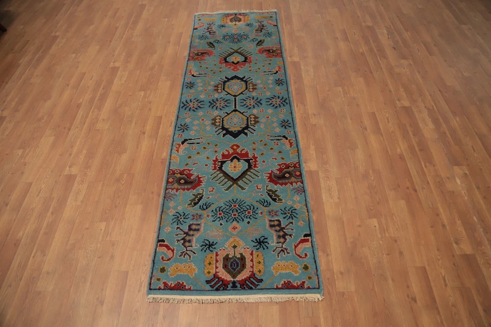 Blue Oushak Oriental Runner Rug 2x8 Geometric Hand-knotted Wool Carpet - Image 4 of 4