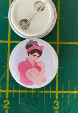 25mm feminist badge powerful pink woman with power fist, up yours
